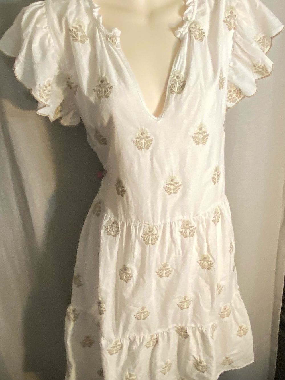 White Embroidered Flutter-Sleeve Dress